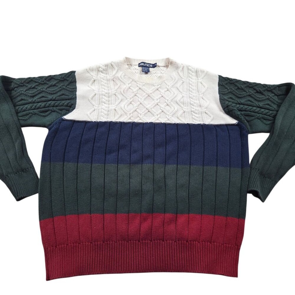 Nautica Sweater Mens Large Purple Colorblock 100% Cotton Casual Colorful Retro